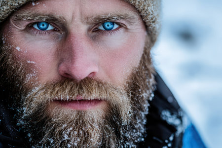 Close-up of rugged man with icy beard and piercing eyes in snowy mountains, reflecting survival, winter, and harsh conditions.の素材