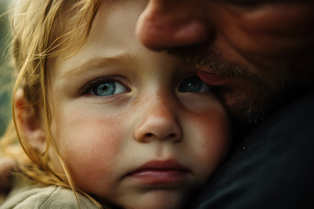 Close-up of a young child hugging their father, reflecting warmth, trust, and love in a deeply emotional and secure moment.の素材