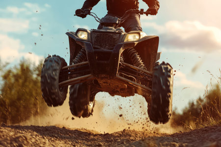 Thrilling close-up of man launching an ATV over a rugged offroad track, showcasing adrenaline, adventure, and extreme sport excitement.の素材