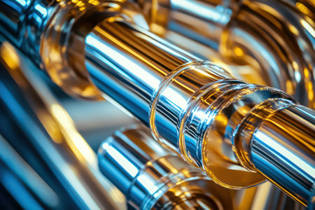 Close-up of shiny industrial pipes with golden reflections, symbolizing infrastructure, fluid systems, and advanced engineering.の素材