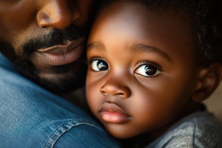 Close-up of young Black child hugging father, capturing warmth, love, trust and deep emotional family connection.の素材