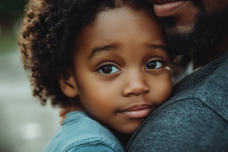 Close-up of young Black child hugging father, capturing warmth, love, trust and deep emotional family connection.の素材