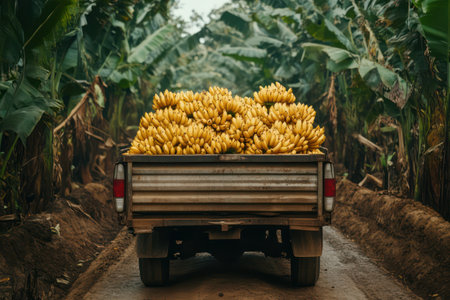 Close-up of a pickup truck bed stacked with ripe bananas, traveling through tropical banana plantation on dusty rural path.の素材