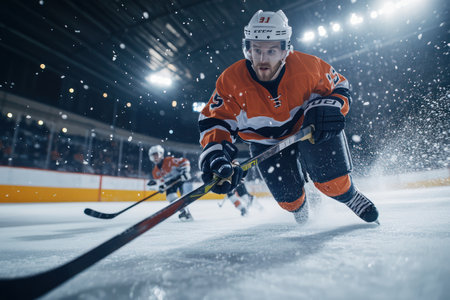 Close-up of hockey players moving dynamically on ice during fast-paced competition, illustrating winter sports adrenaline and energy.の素材