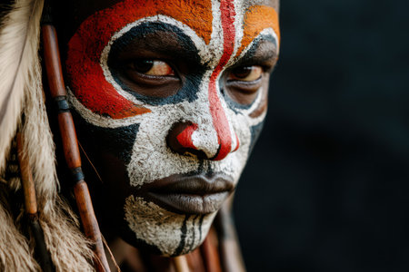 Dramatic portrait of an African warrior, featuring traditional face paint and intense expression, embodying strength and heritage.の素材