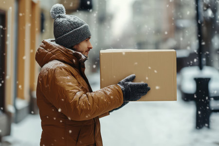 Delivery worker in warm jacket and gloves handling a cardboard box outdoors during winter, showcasing service and reliability.の素材