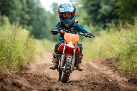 Determined child riding a dirt bike on a track, gaining confidence and skills in outdoor sports and adventure.の素材