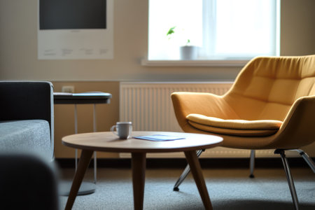 Minimalist psychologist's office with an empty armchair and sofa facing a small table, offering a calm and welcoming therapy space.の素材