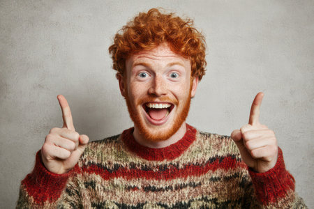 Energetic young ginger man smiling and pointing upward at copy space, conveying enthusiasm, positivity, and youthful spirit.の素材