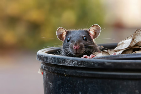 Extreme close-up of a rat peeking out of a trash can in an urban setting, highlighting urban rodent problems and pest control issues.の素材