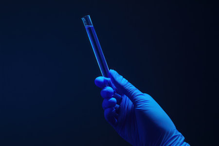 Extreme close-up of scientist gloved hand holding a blue liquid-filled test tube against a dark blue background, symbolizing research and innovation.の素材