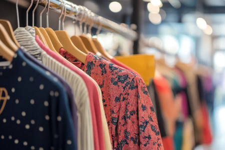 Selective focus on a luxury women's boutique interior with blurred clothing racks in the background, highlighting a chic shopping experience.の素材