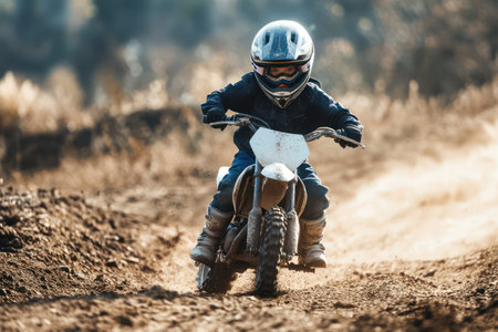 Determined child riding a dirt bike on a track, gaining confidence and skills in outdoor sports and adventure.の素材