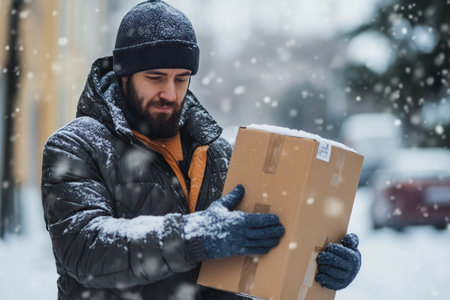 Delivery worker in warm jacket and gloves handling a cardboard box outdoors during winter, showcasing service and reliability.の素材