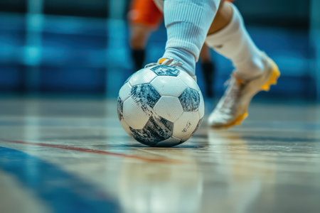 Extreme close-up of a futsal player's foot demonstrating ball control and agility, capturing dynamic sports action in a tight frame.の素材