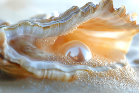 Macro photo of a white oyster pearl nestled in an open shell on a sandy seashore, symbolizing beauty, purity, and love.の素材