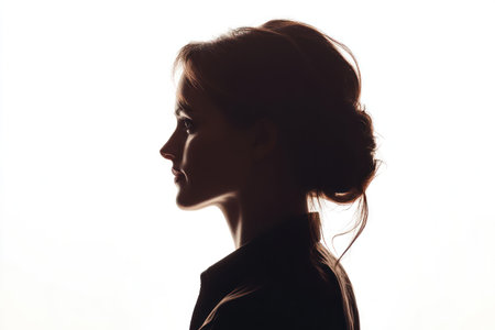 Side-profile silhouette of European woman in business attire, isolated on a white background, highlighting professionalism and identity.の素材