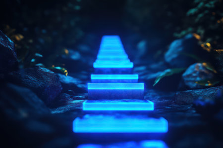 Glowing blue bar chart with upward arrow on dark background, symbolizing business growth, progress and financial success.の素材