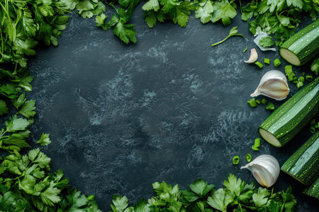 Healthy fresh zucchini arranged with parsley and garlic against a dark background, highlighting farm-to-table cooking ingredients.の素材