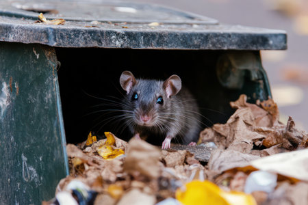 Extreme close-up of a rat peeking out of a trash can in an urban setting, highlighting urban rodent problems and pest control issues.の素材