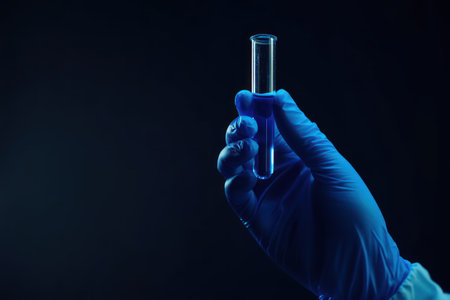 Extreme close-up of scientist gloved hand holding a blue liquid-filled test tube against a dark blue background, symbolizing research and innovation.の素材