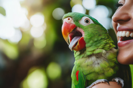 Joyful outdoor moment with a green parrot perched on a person's shoulder as they laugh together, symbolizing fun and companionship.の素材