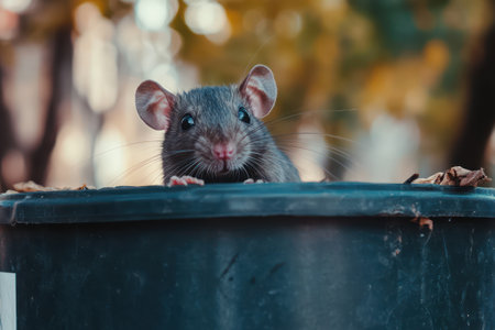Extreme close-up of a rat peeking out of a trash can in an urban setting, highlighting urban rodent problems and pest control issues.の素材