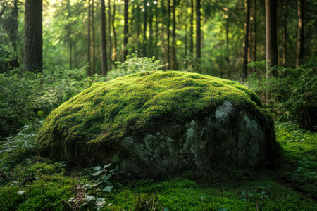 Large mossy rock nestled within a vibrant green forest, symbolizing tranquility, wilderness, and the serene beauty of outdoor landscapes.の素材