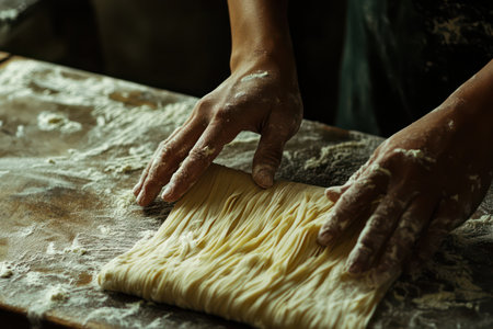 Close-up of hands rolling fresh noodle dough, highlighting craftsmanship, food preparation, and traditional cooking technique.の素材