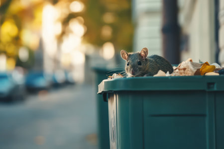 Extreme close-up of a rat peeking out of a trash can in an urban setting, highlighting urban rodent problems and pest control issues.の素材