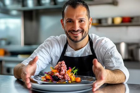 High-end gourmet octopus dish on a plate, representing authentic Peruvian culinary art and seafood delicacy presentation.の素材