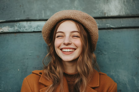 Joyful woman in beret smiling warmly outdoors, embodying charm, casual fashion, and positive mood in soft natural light.の素材