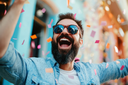 Bearded man in sunglasses joyfully celebrates investment success in a vibrant setting filled with festive energy and confidence.の素材