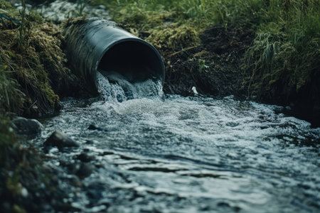 Dirty water flows from a drainage pipe into a natural stream, representing pollution, waste discharge, and environmental degradation.の素材