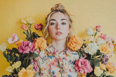 Studio portrait of a young European woman surrounded by blooming flowers in a botanical garden setting, symbolizing beauty, nature, and elegance.の素材