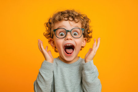 Happy and energetic child reacting with surprise and joy to a huge sale, perfect for promotions and playful visuals.の素材