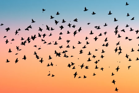 Silhouette of a massive flock of starlings flying together in the sky, creating mesmerizing natural patterns and symbolizing unity and freedom.の素材