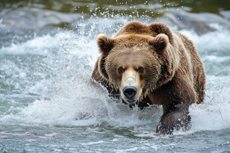 Grizzly bear in mid-action splashing water while catching fish, capturing wild strength and nature raw intensity.の素材