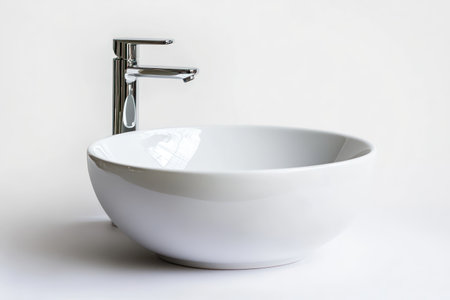 Stylish minimalist bathroom sink made of ceramic with chrome details on bright background.の素材