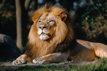 A powerful male lion rests under warm sunlight, embodying strength, majesty, and the wild beauty of African wildlife.の素材