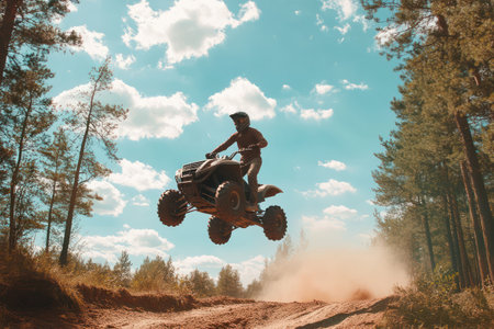 A man jumps with an ATV on an offroad track during a touristic adventure, symbolizing thrill, extreme sports, and outdoor excitement.の素材