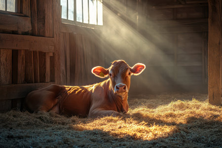 Calm cow reclining on soft hay inside a barn, evoking rural peace, comfort, and traditional farm life.の素材