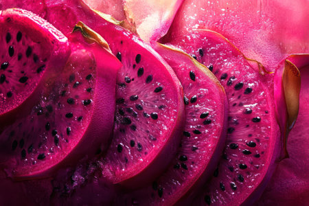 Close-up view of vibrant pink and white dragon fruit slice, showcasing unique textures and colors perfect for exotic food presentations.の素材