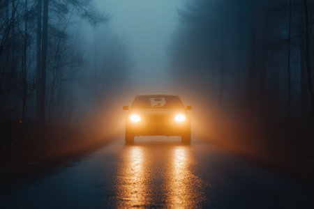 Car driving slowly through thick fog on a wet road with headlights on, symbolizing caution, weather hazards, and visibility challenges.の素材