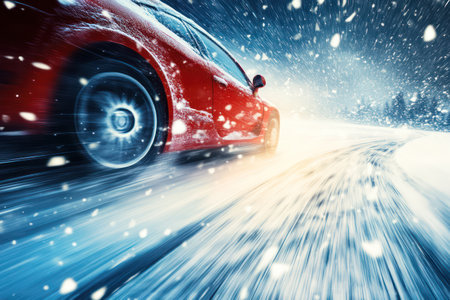Dynamic rally car racing through snowy terrain with motion blur, capturing extreme winter sports and speed thrill.の素材