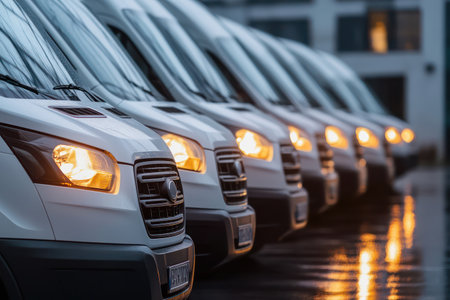Several white cargo vans lined up in a city parking area, suitable for logistics, transport, or delivery business imagery.の素材
