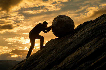 Silhouette of determined businessman struggling to push a huge boulder uphill on a steep slope, symbolizing perseverance, challenge, and inner strength.の素材