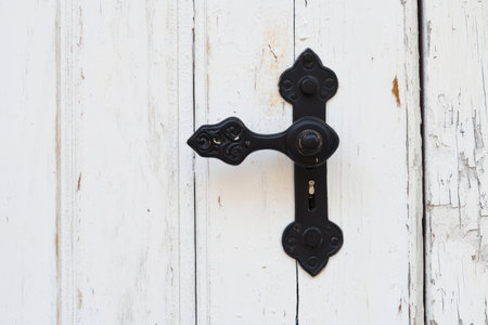 Close-up of sleek white door with black hardware, capturing minimal home design, contrast aesthetics, and architectural detail.の素材