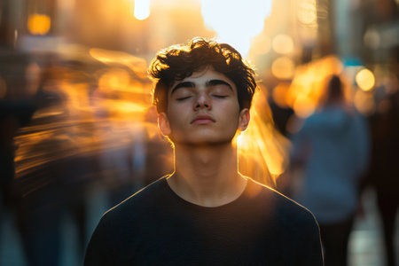 Serene man closes eyes in urban crowd, listening to music as people blur past in warm golden sunset light.の素材