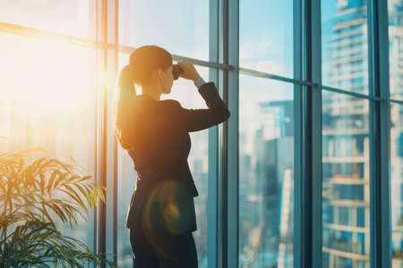 Professional woman scans forward with binoculars indoors, symbolizing vision, opportunity, and leadership in business context.の素材